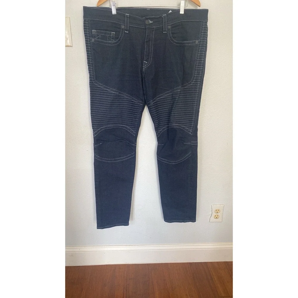 True Religion Jeans Men 42X33 Blue Denim‎ Moto Slim Run Stitch Double Knee